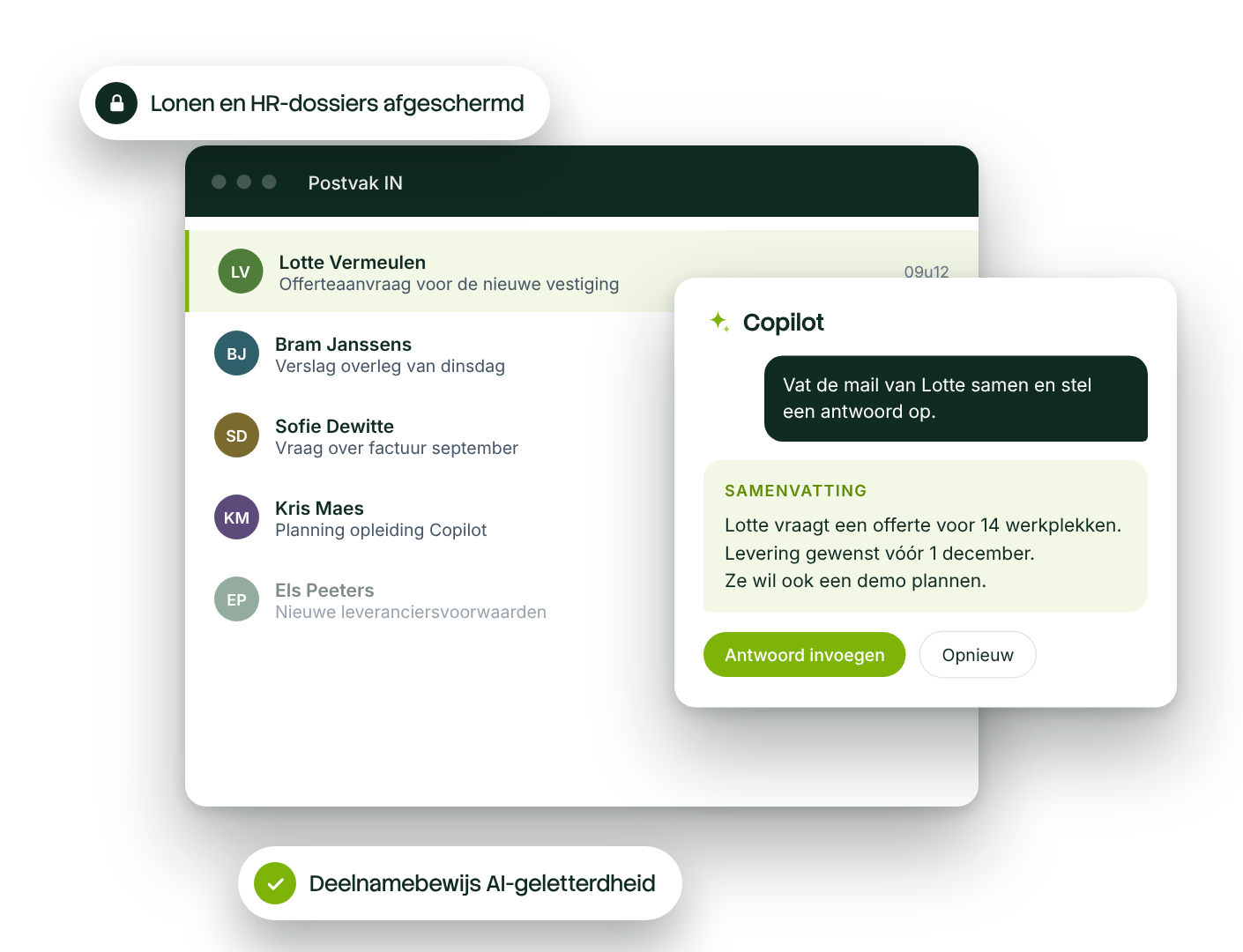 Voorbeeld: Copilot vat een mail samen en stelt een antwoord op